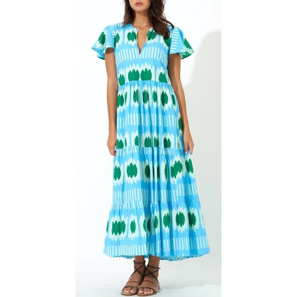 Oliphant V-Neck Maxi Midi Flutter Sleeve Dress Ikat Blue Green Tuckernuck Cotton - Picture 1 of 11